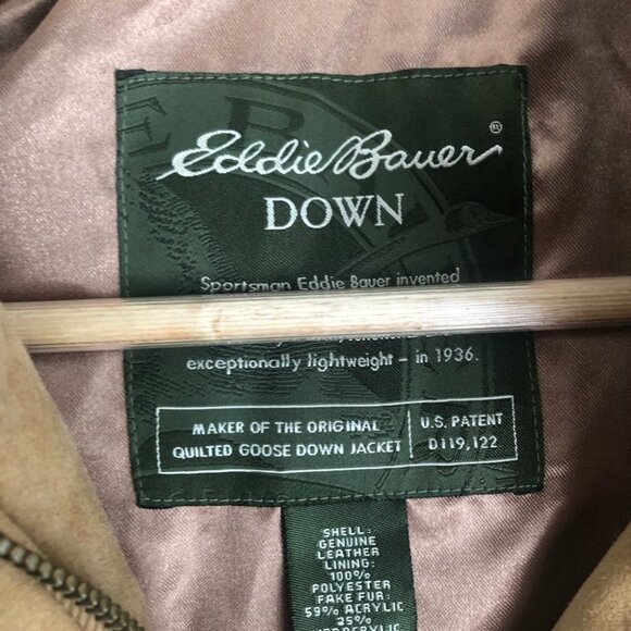 Eddie Bauer size Medium Petite Leather Suede Down Puffer Hooded Vest - Picture 4 of 7